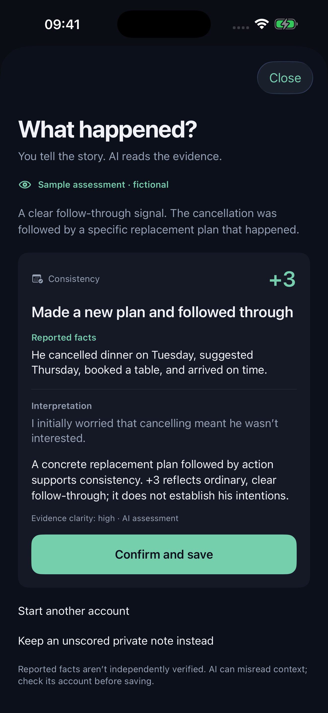 Sample AI review separates reported facts from interpretation, explains a proposed impact and asks for confirmation before saving.